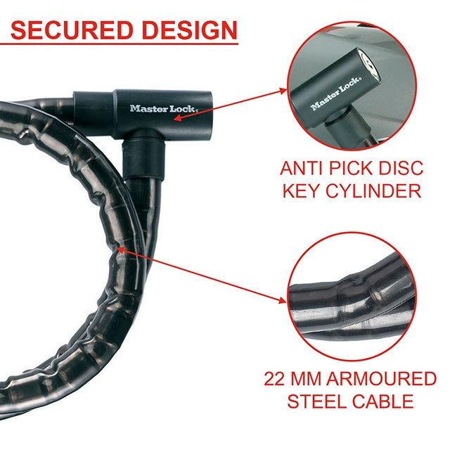 Master Lock 8218EURDPS Κλειδαριά Μοτοσυκλέτας Ποδηλάτου Συρματόσκοινο Με Κλειδί 22mm x 200cm