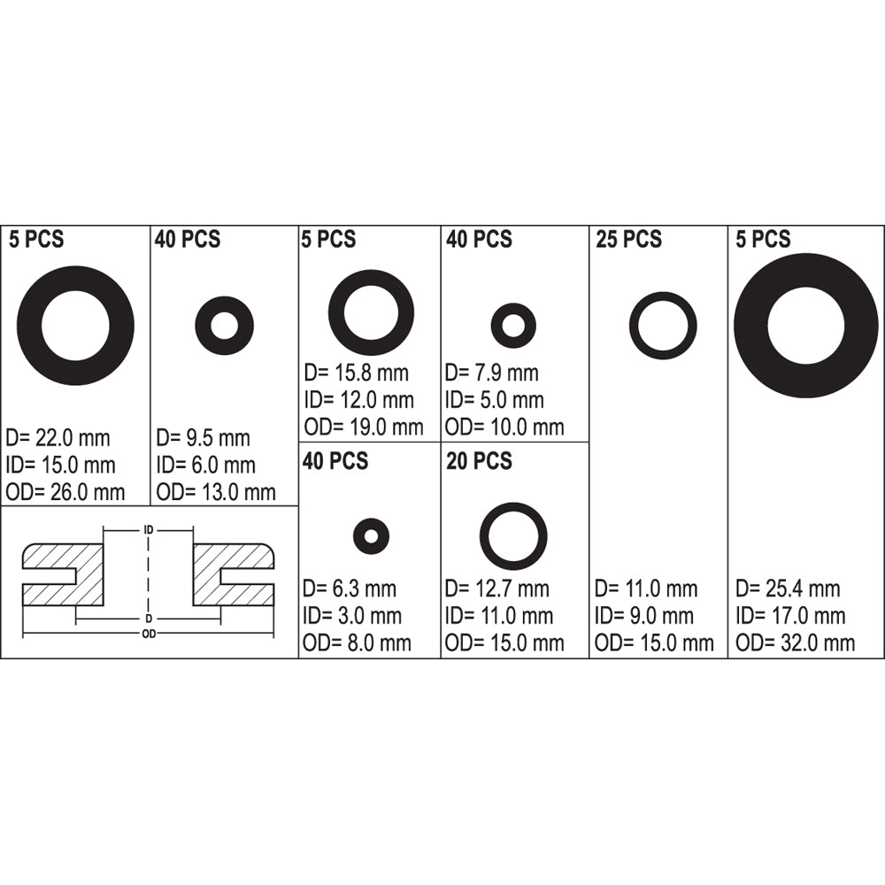 Yato YT-06878 Ελαστικές Ροδέλες Δακτύλιοι Σετ 180 Τεμάχια Σε Θήκη