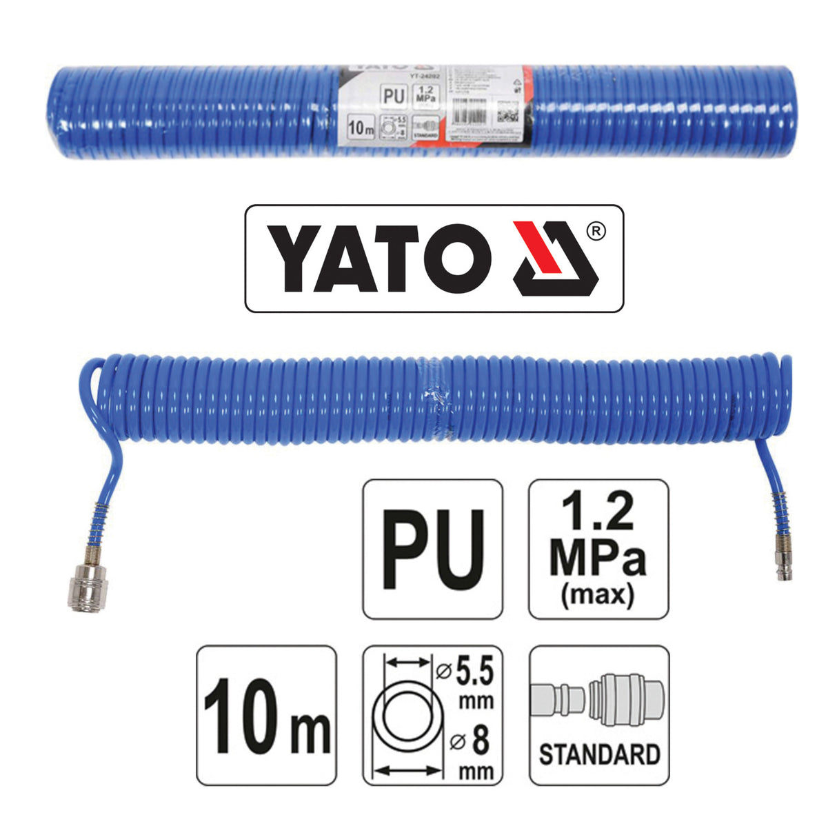 Yato YT-24202 Σωλήνας (Λάστιχο) Σπιράλ Παροχής Αέρα Με Ταχυσυνδέσμους 5.5mm x 8mm x 10mtr