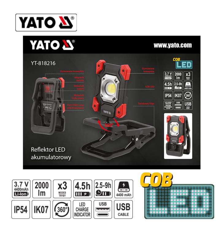 Yato YT-818216 Προβολέας Φορητός Επαναφορτιζόμενος 2000Lm Με Βάση