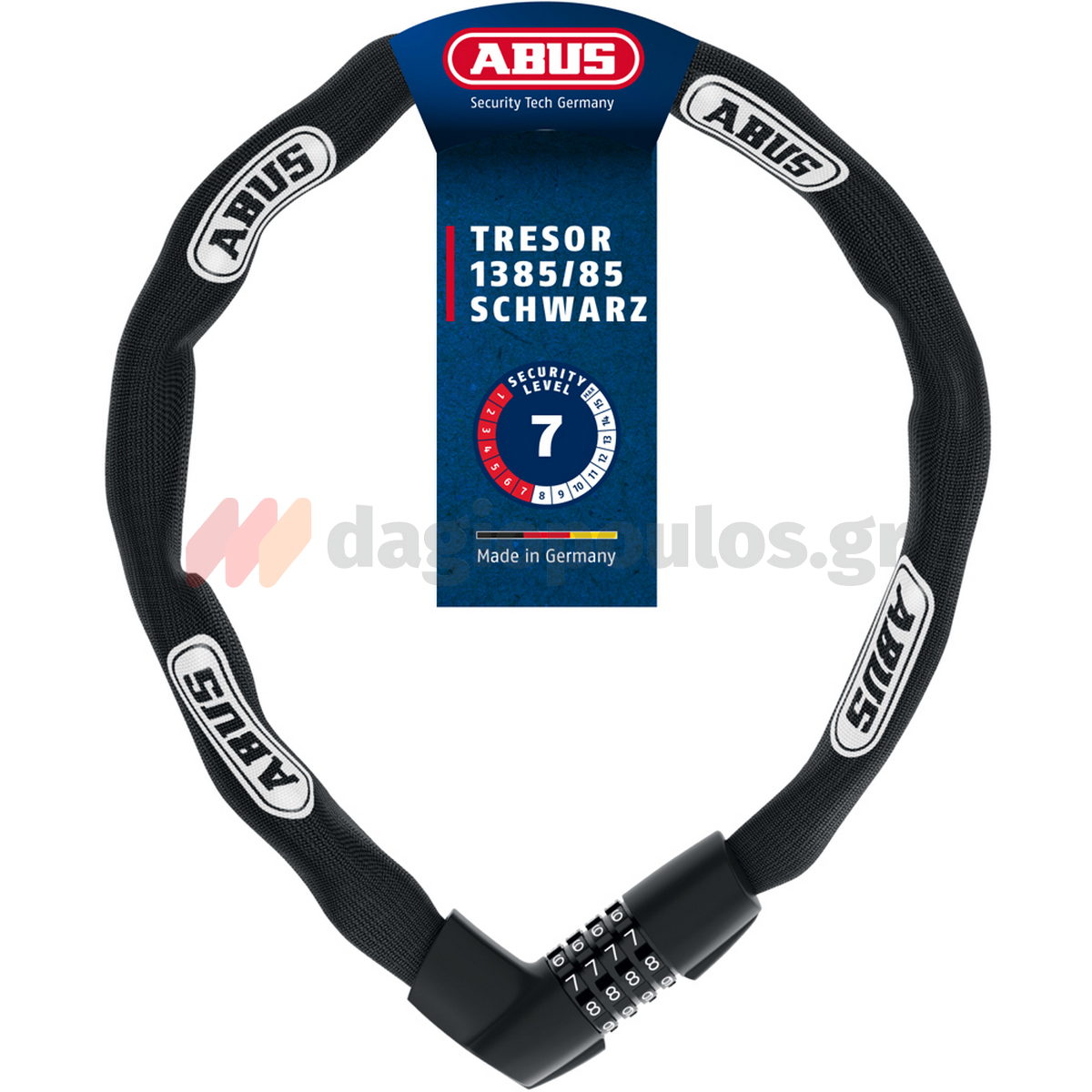 Abus 1385/85 Tresor Black Κλειδαριά Μοτοσυκλέτας - Ποδηλάτου Αλυσίδας Με Συνδυασμό 85cm