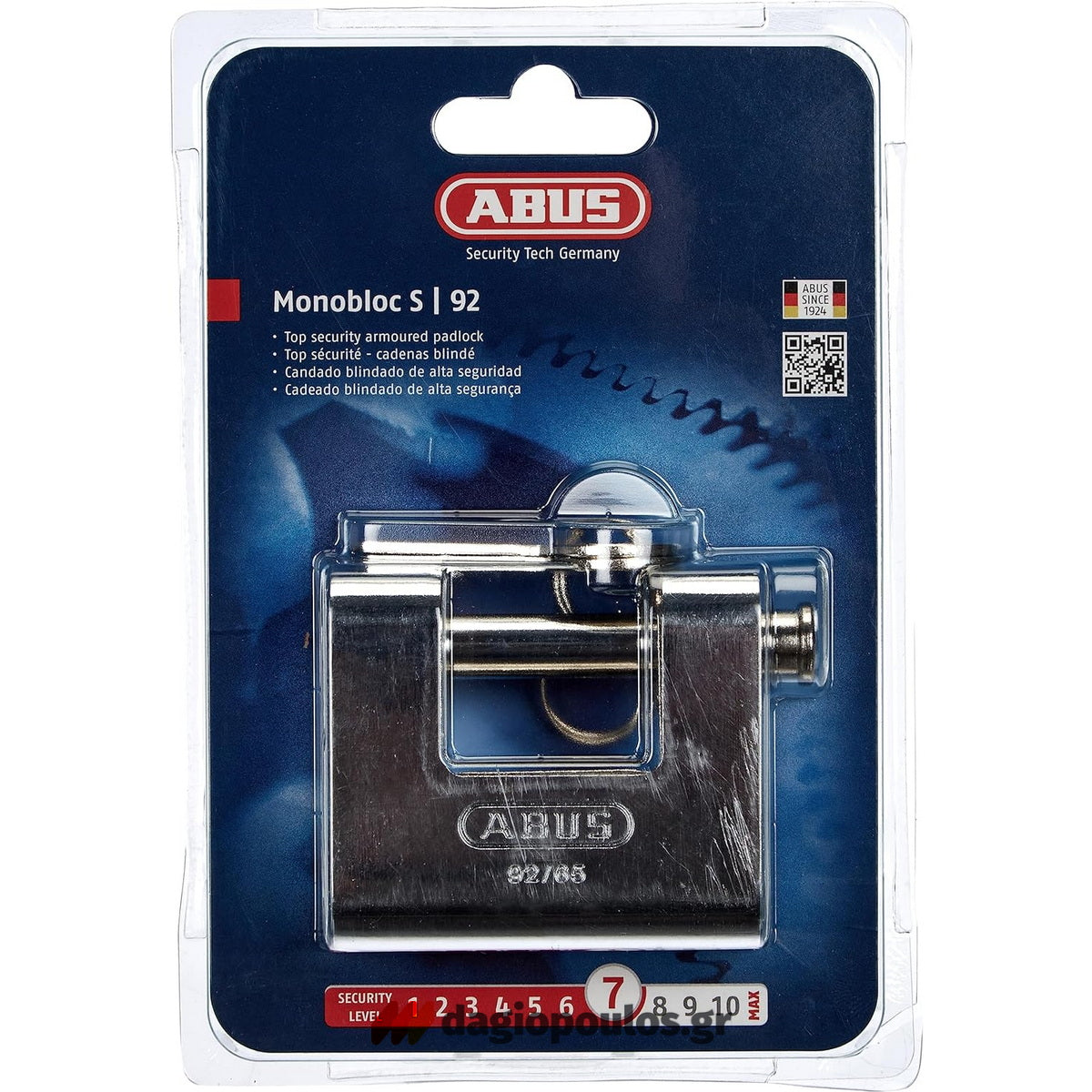 Abus 92/65 Monobloc Λουκέτο Πείρου (Τάκος) Ορειχάλκινος Με Ατσάλινο Πείρο & Επένδυση Ατσάλι 65mm