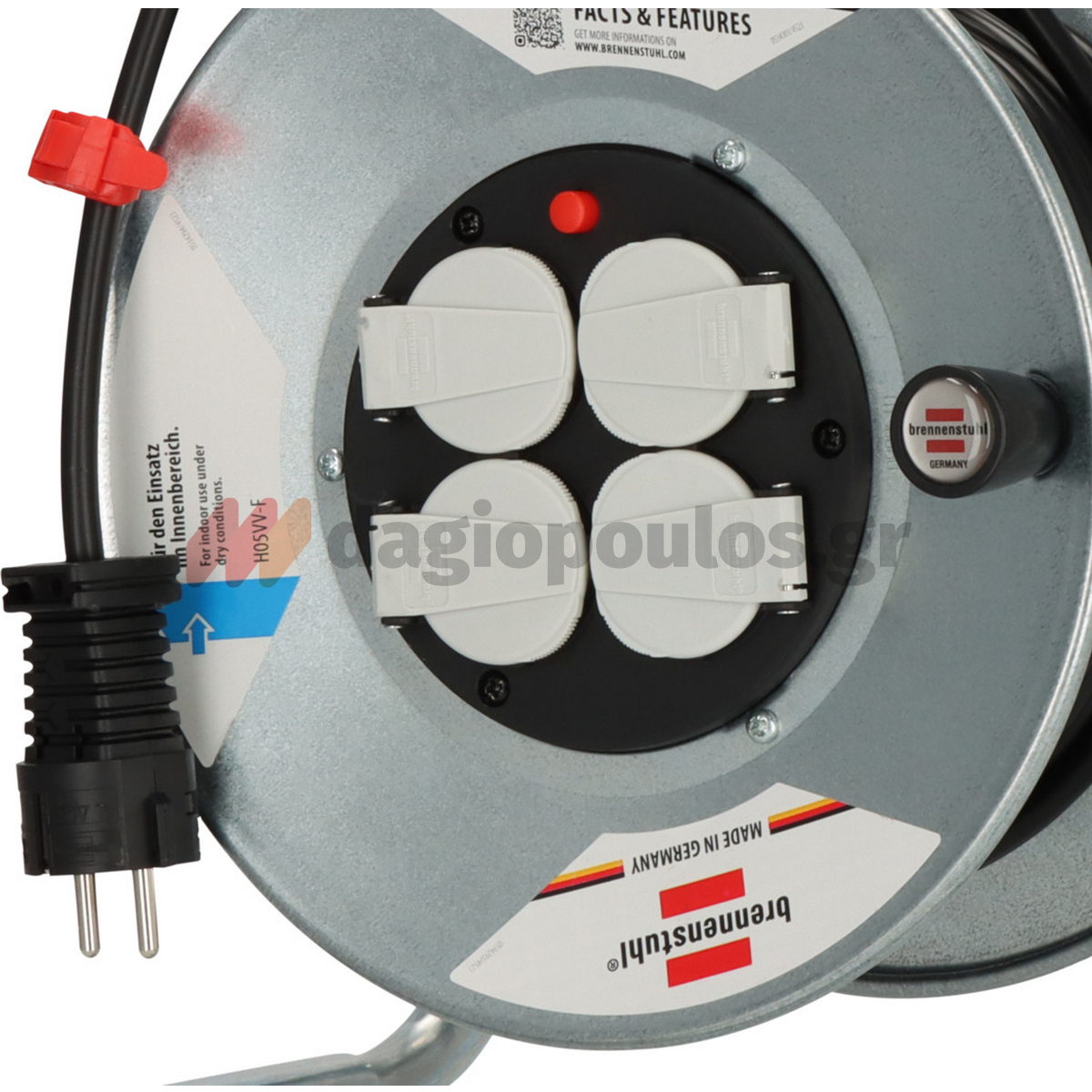 Brennenstuhl Garant S 4 E 1195056 IP20 Μπαλαντέζα Ρεύματος Σε Μεταλλικό Καρούλι Με Καλώδιο H05VV-F 3G1,5 x 25mtr