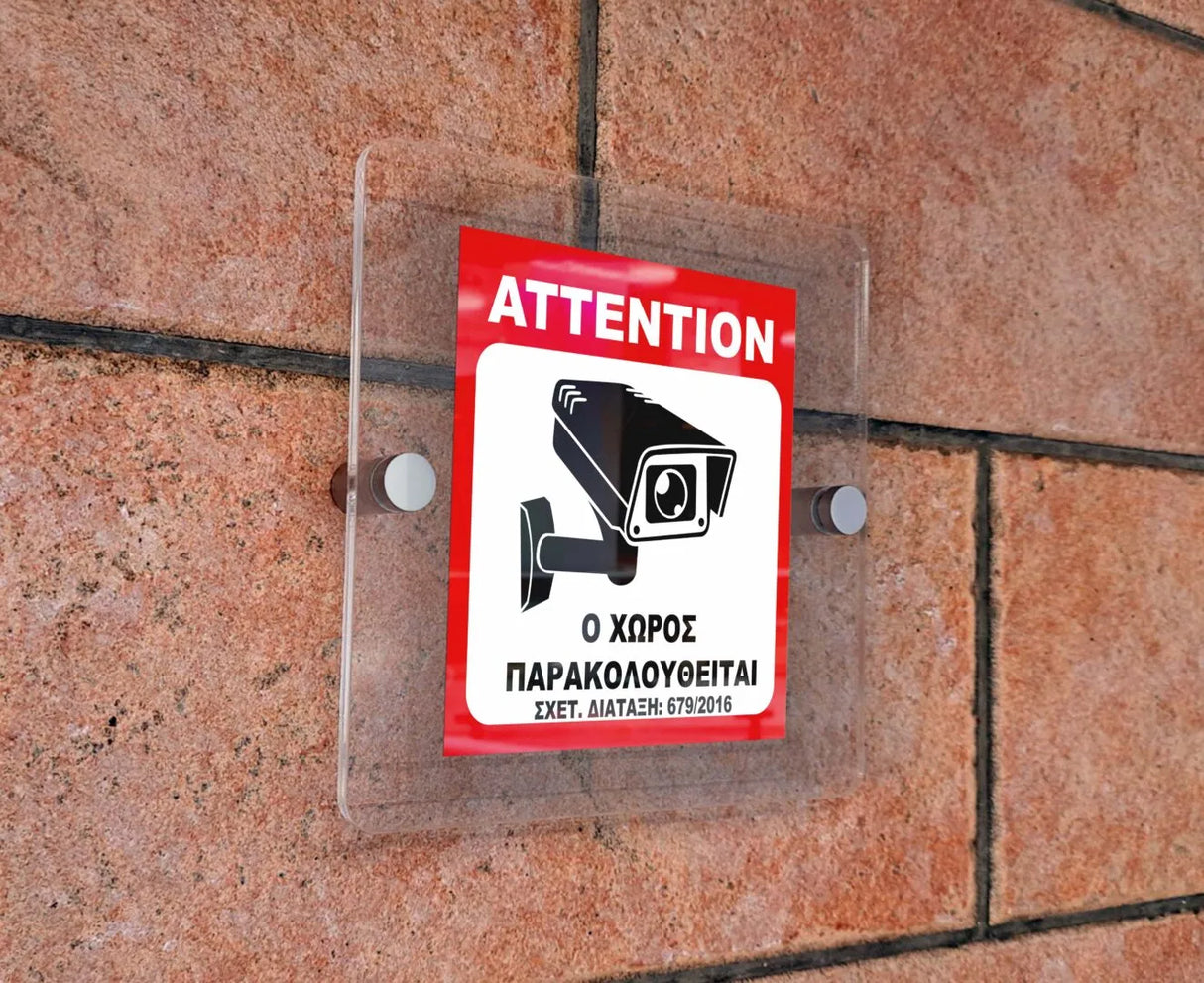 Πινακίδα Σήμανσης Παρακολούθησης Aκρυλικό Plexiglass "ΠΡΟΣΟΧΗ ΚΑΜΕΡΕΣ - Ο ΧΩΡΟΣ ΠΑΡΑΚΟΛΟΥΘΕΙΤΑΙ” 150mm x 150mm