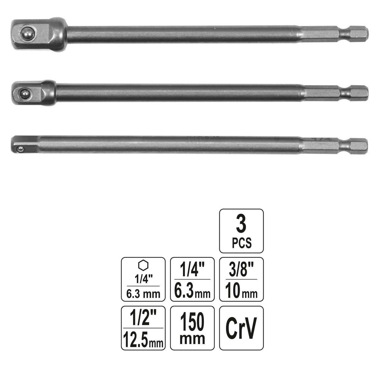 Yato YT-04628 Προέκταση (Αντάπτορας) Τετράγωνης Κεφαλής 1/4" 3/8" 1/2" & Εξάγωνη Υποδοχή ΗΕΧ Σετ 3 Τεμ