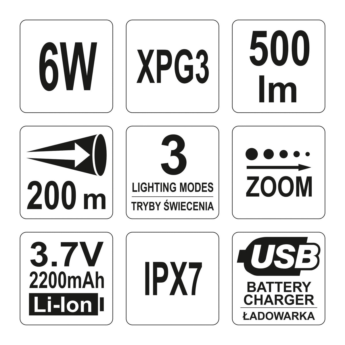 Yato YT-08568 Φακός Χειρός XP-G3 CREE LED Επαναφορτιζόμενος USB 6W 500 Lumens