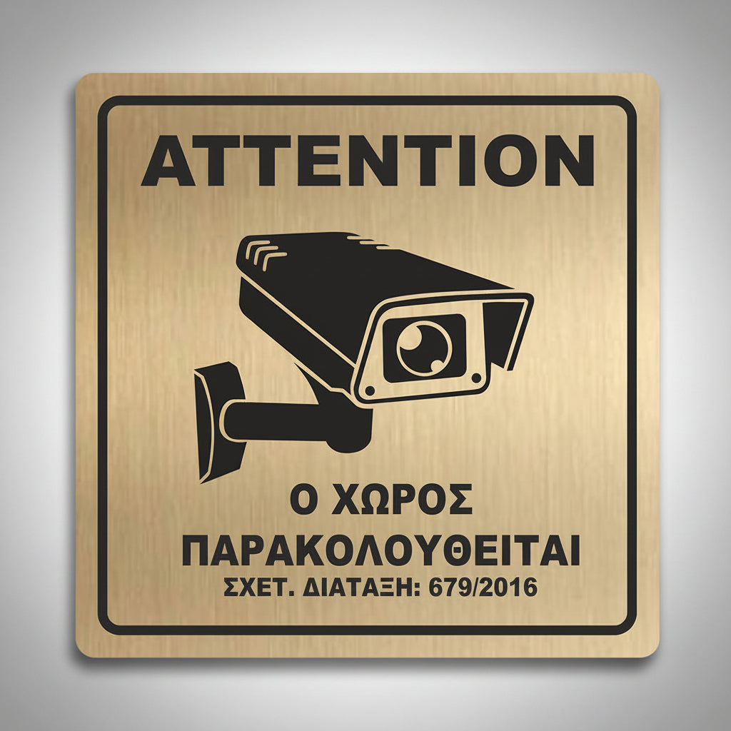 Πινακίδα Σήμανσης Παρακολούθησης Aκρυλικό Plexiglass "Ο ΧΩΡΟΣ ΠΑΡΑΚΟΛΟΥΘΕΙΤΑΙ” Gold 150mm x 150mm