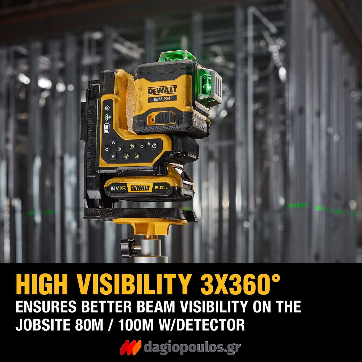 DeWalt DCLE34035D1-QW Laser Αυτορρυθμιζόμενο Με 3 Γραμμές 360 Μοίρες Πράσινης Δέσμης 18V Li-Ion XR Και Τηλεχειριστήριο
