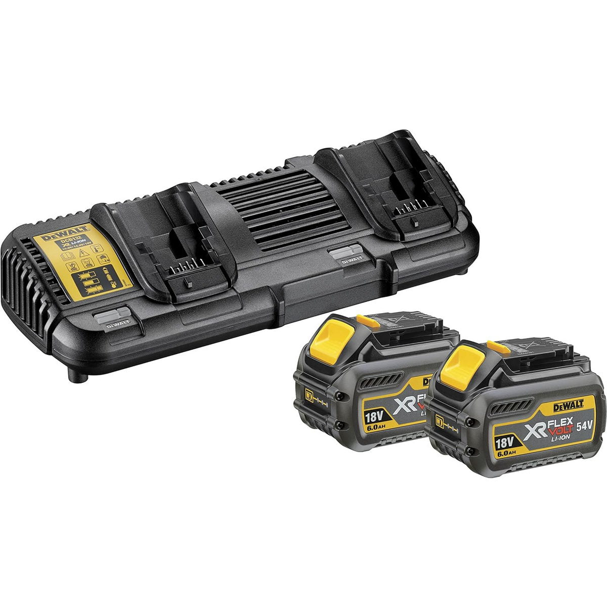 DeWalt DCB132T2-QW Σετ Ταχυφορτιστής Διπλής Θύρας DCB132 XR FLEXVOLT 18-54V 4A Με 2 Μπαταρίες DCB546 18V-54V Li-Ion XR Flexvolt 6.0Αh