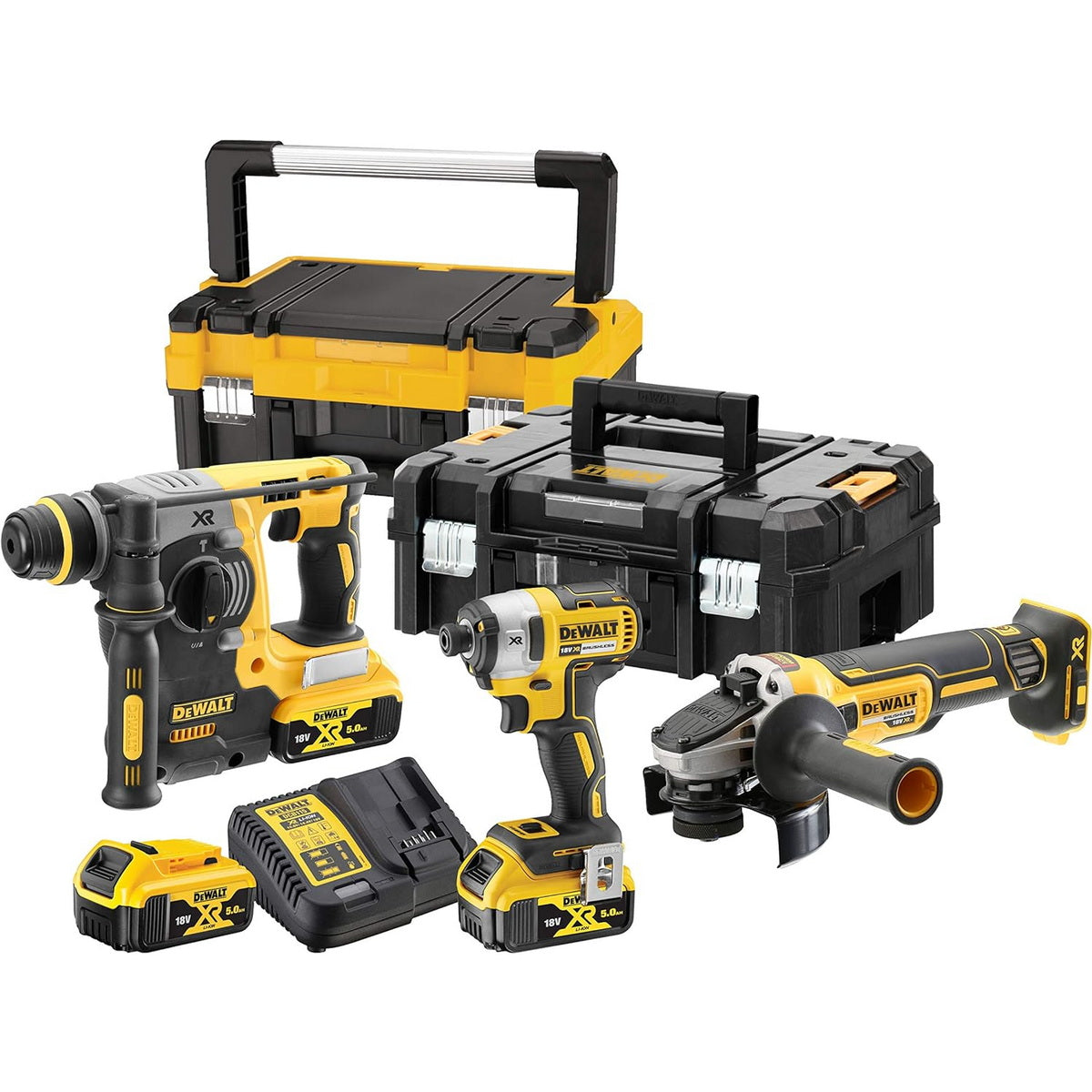 DeWalt DCK305P3T-QW Brushless Συλλογή Πιστολέτο Πνευματικό, Παλμικό Κατσαβίδι, Γωνιακός Τροχός 18V Li-Ion Με 3 Μπαταρίες 5.0Ah & Βαλίτσες T-Stak