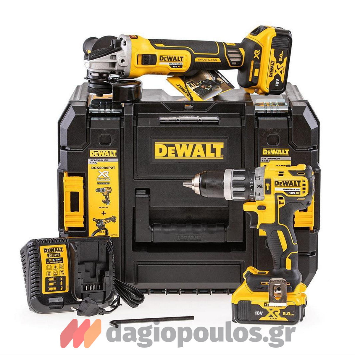 DeWalt DCK2080P2T Brushless Συλλογή Δραπανοκατσάβιδο & Γωνιακός Τροχός 18V Li-Ion Με 2 Μπαταρίες 5.0Ah & Βαλίτσα T-Stak