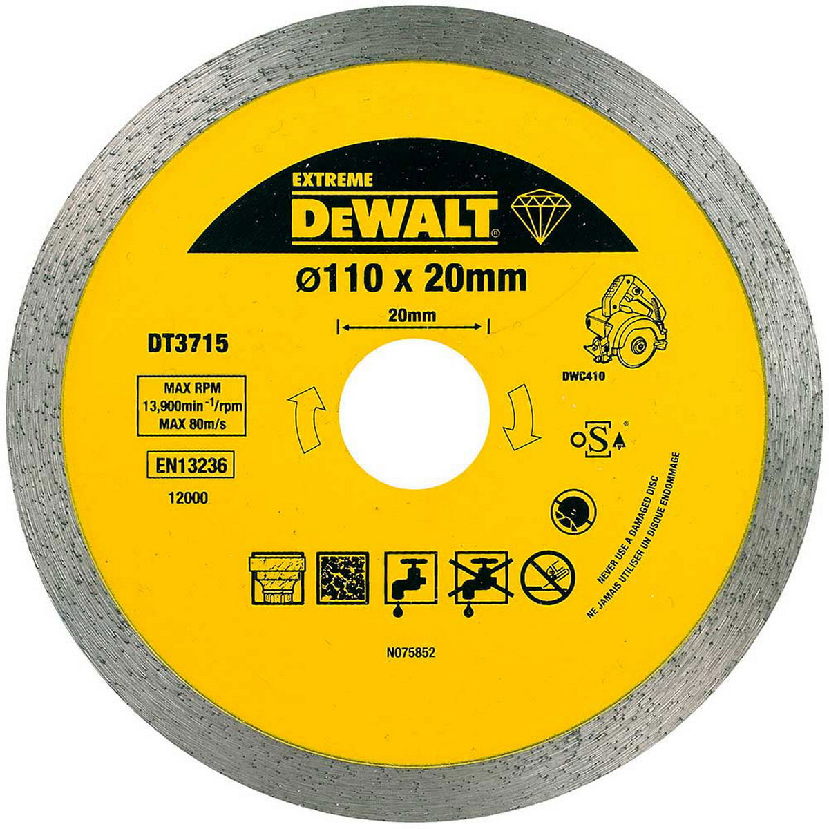 DeWalt DT3715 Extreme Δίσκος Διαμαντέ (Διαμαντόδισκος) Κοπής Πλακιδίων Υγρής Ξηρής Κοπής 110mm