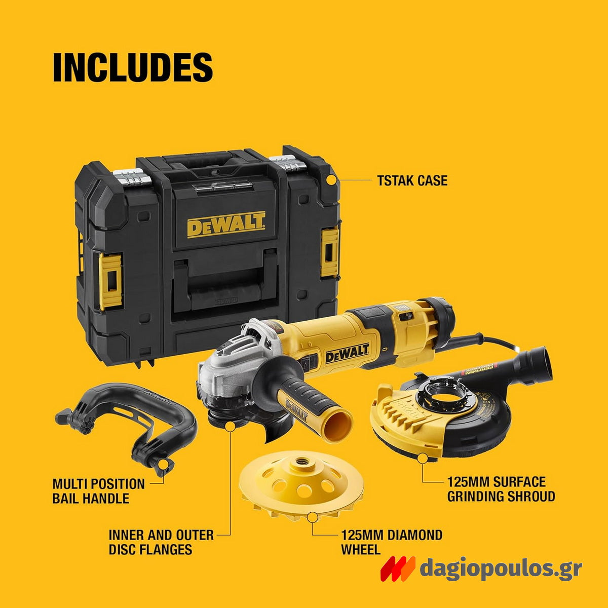 Dewalt DWE4257KT-QS Ηλεκτρικός Γωνιακός Τροχός 1500W 125mm Ρυθμιζόμενος