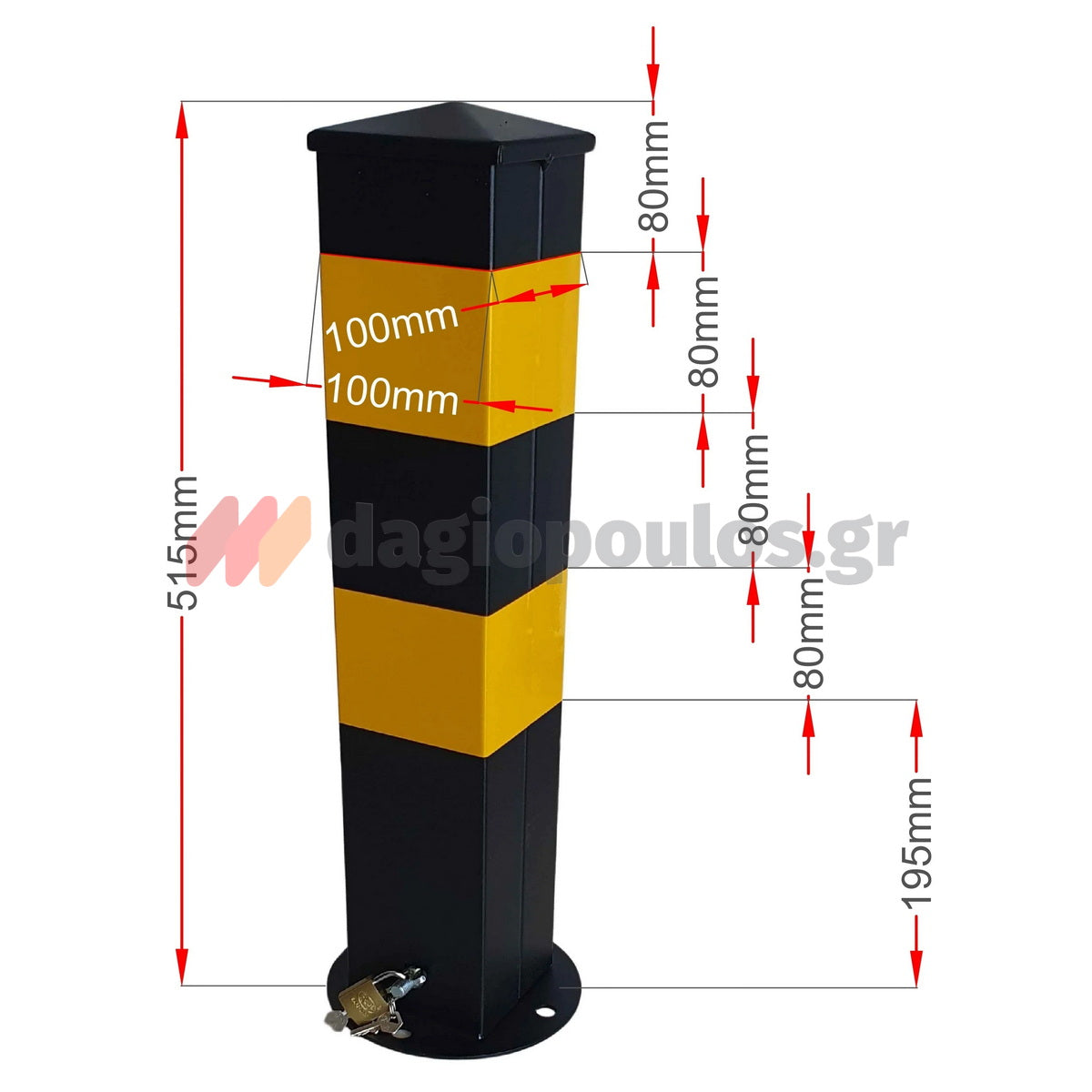 Κολωνάκι Μεταλλικό Τετράγωνο Απαγόρευσης Στάθμευσης & Οριοθέτησης Με Πυραμιδικό Τελείωμα 52cm Σταθερό