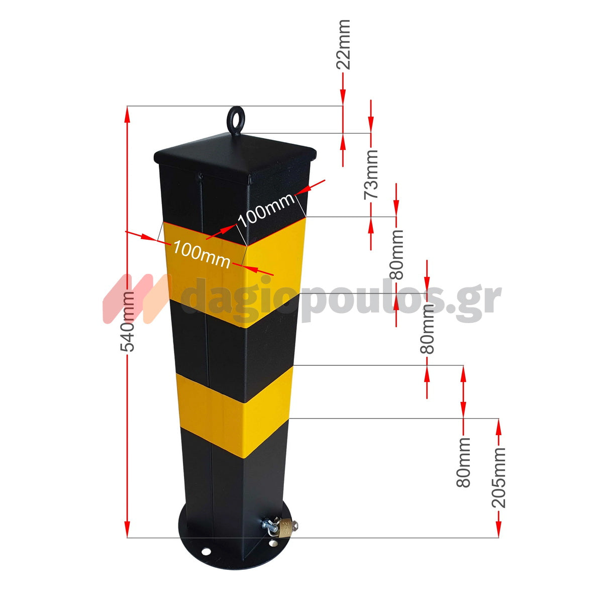 Κολωνάκι Μεταλλικό Τετράγωνο Αποσπώμενο Απαγόρευσης Στάθμευσης & Οριοθέτησης Με Πυραμιδικό Τελείωμα και Κρίκο & Λουκέτο