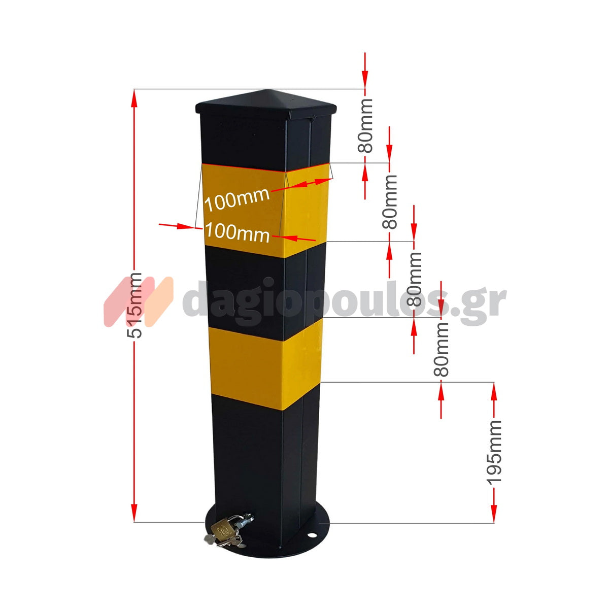 Κολωνάκι Μεταλλικό Τετράγωνο Αποσπώμενο Απαγόρευσης Στάθμευσης & Οριοθέτησης Με Πυραμιδικό Τελείωμα (Κώνο) & Λουκέτο