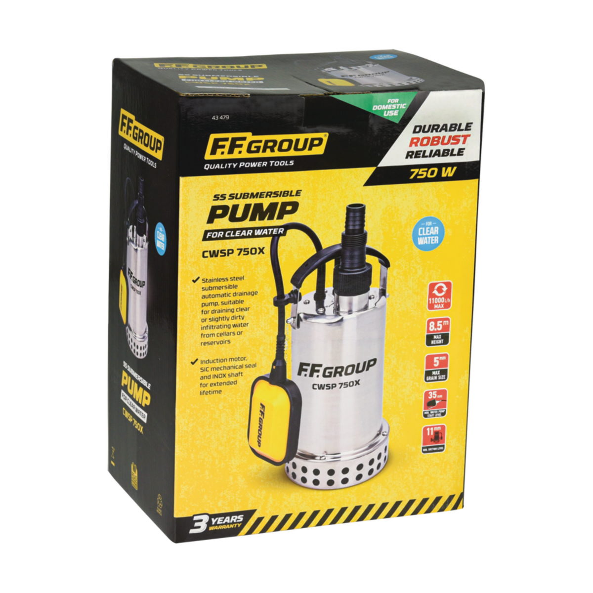 FF Group CWSP 750 43479 Επαγγελματική Αντλία Βυθιζόμενη (Υποβρύχια) Ομβρίων Υδάτων 750W 11.0m³h Inox