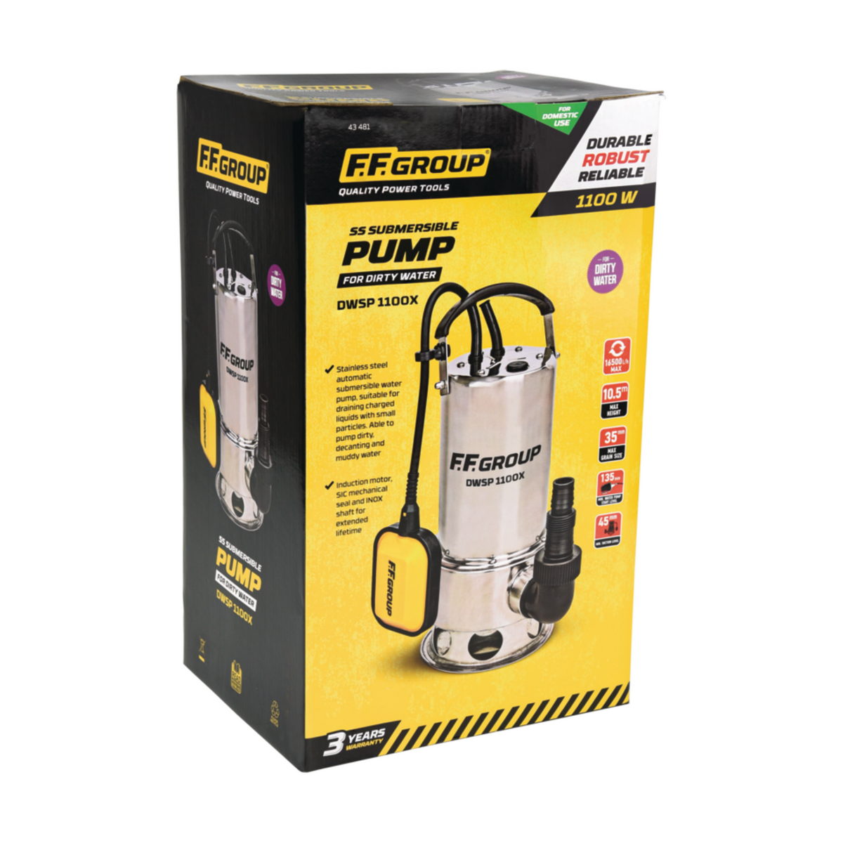 FF Group DWSP 1100X 43481 Επαγγελματική Αντλία Βυθιζόμενη (Υποβρύχια) Ακάθαρτων Υδάτων 1100W 16500Ltrhr Inox