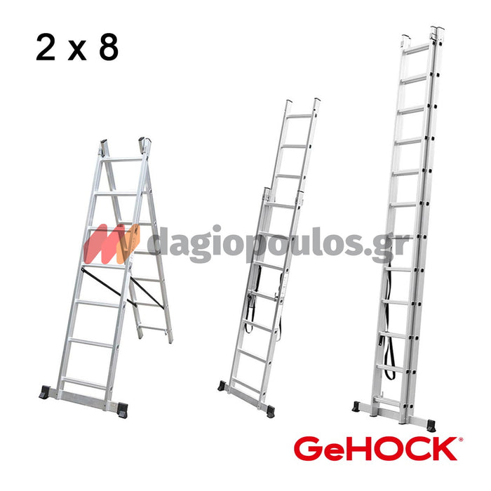 GeHOCK 010295208 Σκάλα Αλουμινίου Επαγγελματική 2 x 8 Σκαλιά Πτυσόμενη Με Τραβέρσα ΔΙΠΛΗ