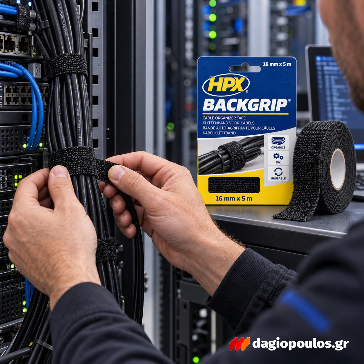 HPX Back Grip Tape Ταινία Τακτοποίησης Καλωδίων τύπου Velcro® 16mm x 5mtr ΜΑΥΡΗ