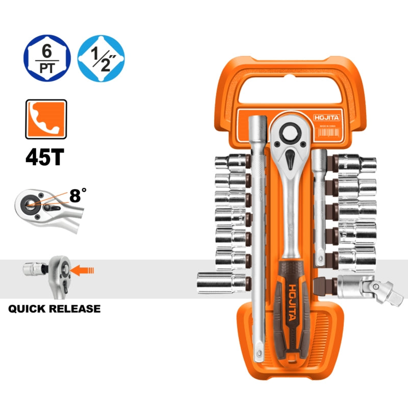 Hojita HJST2171 Συλλογή Καρυδάκια Κλειδιά Μανέλα 1/2" CrV Σετ 17 Τεμ