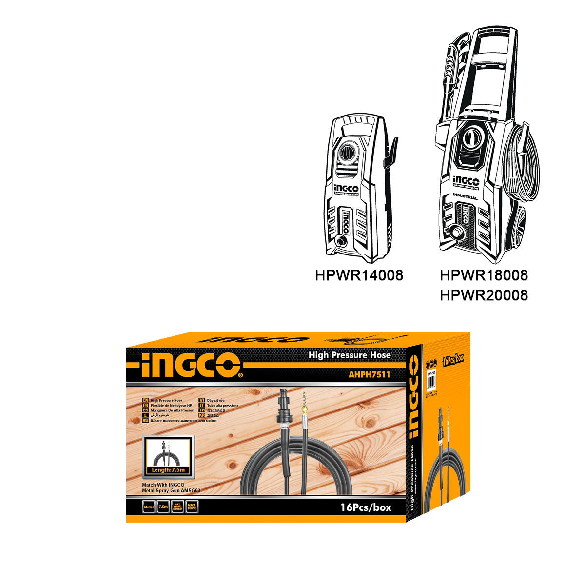 Ingco AHPH7511 Λάστιχο Πλυστικής Καθαρισμού Υδρορροών 7.5m