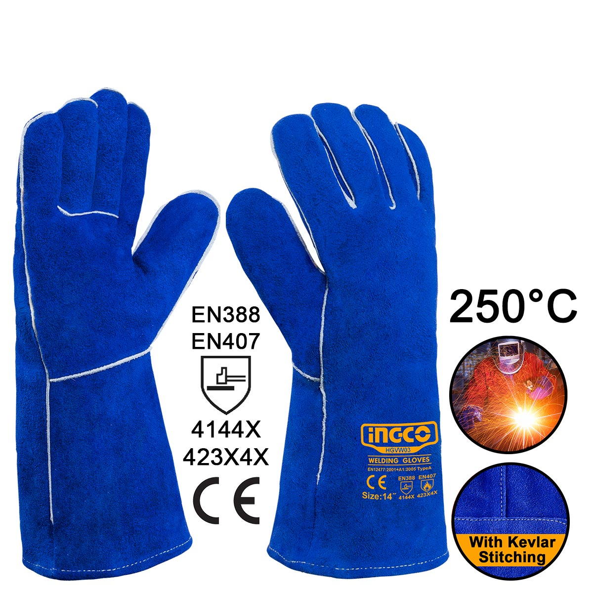 Ingco HGVW03 Γάντια Δερμάτινα Μακριά Ηλεκτροσυγκολλητών XL 14" 250°C