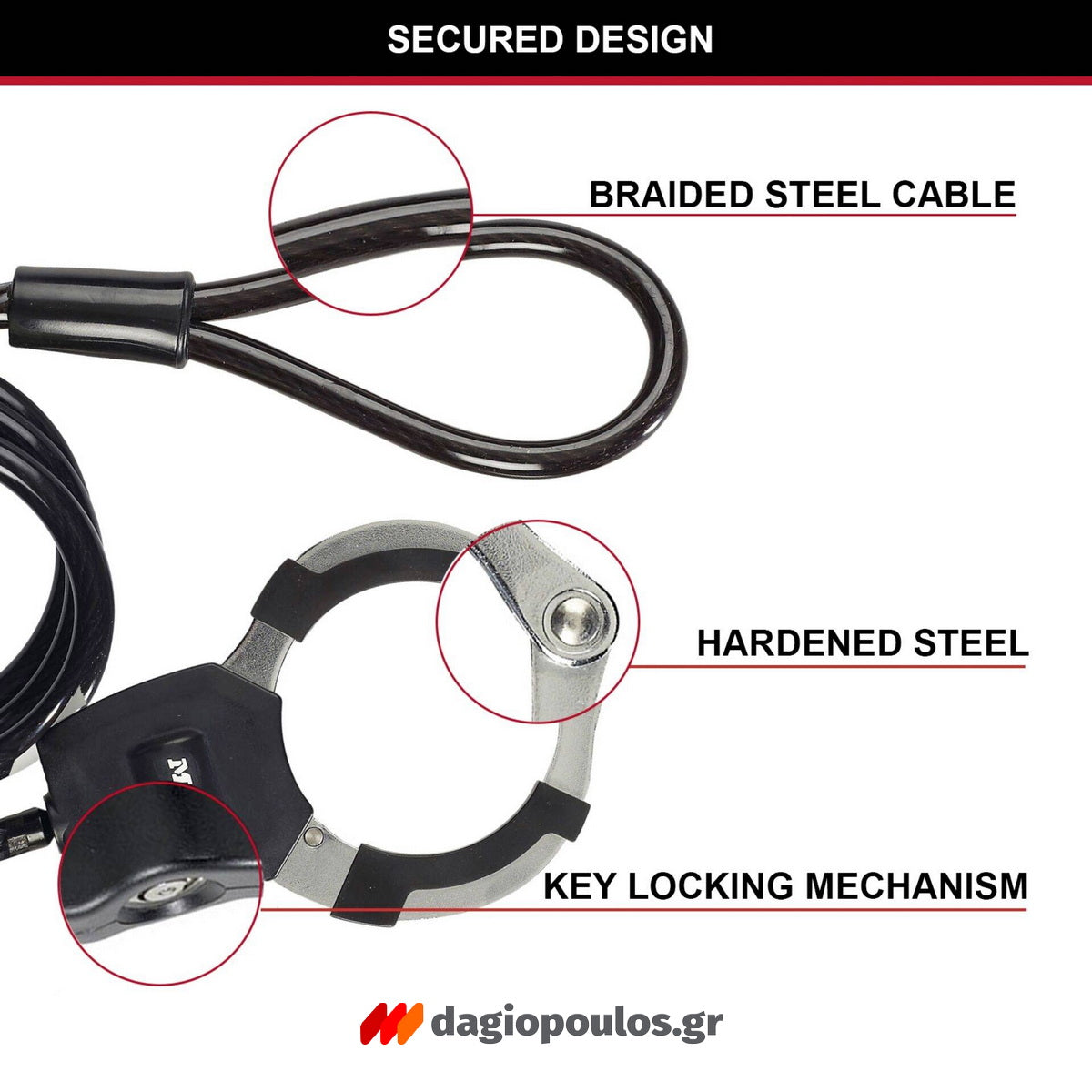 Master Lock 8275EURDPROBLK Κλειδαριά Ποδηλάτου Scooter Πατινιού Συρματόσκοινο Χειροπέδα Με Κλειδί 8mm x 100cm