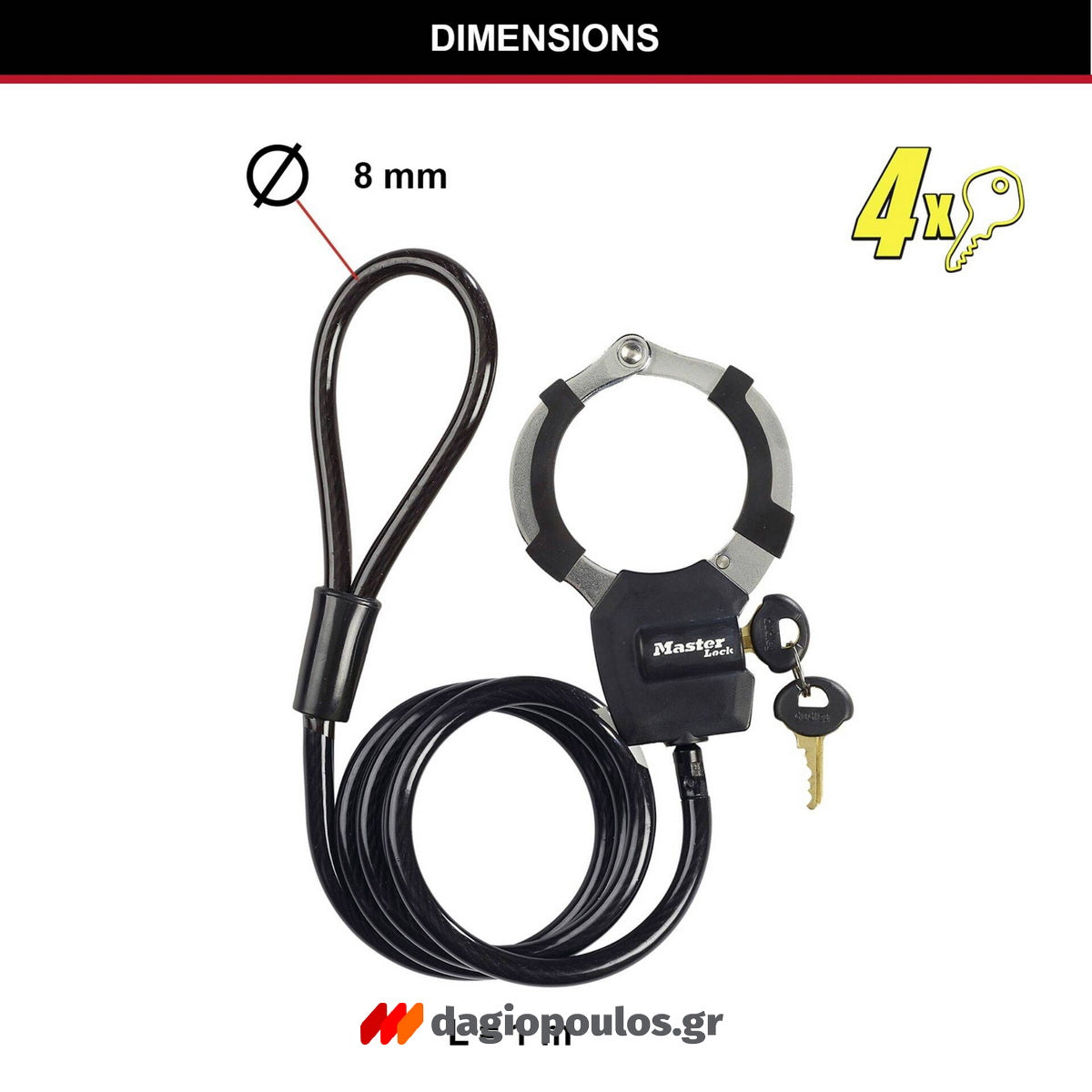 Master Lock 8275EURDPROBLK Κλειδαριά Ποδηλάτου Scooter Πατινιού Συρματόσκοινο Χειροπέδα Με Κλειδί 8mm x 100cm