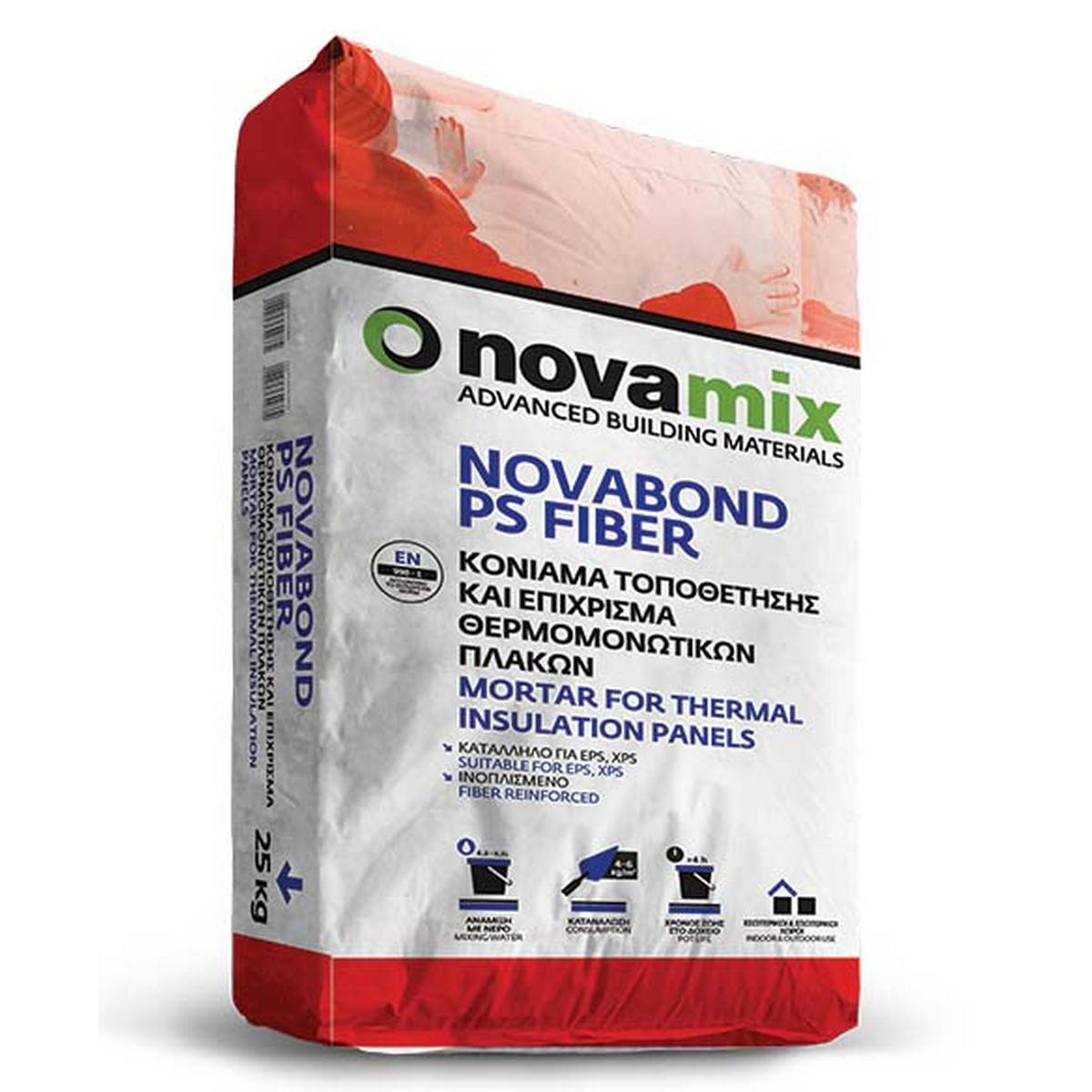 Novamix Novabond PS Fiber Ινοπλισμένο Τσιμεντοειδές Κονίαμα Συγκόλλησης Και Επίχρισμα Θερμομονωτικών Πλακών ΛΕΥΚΟ