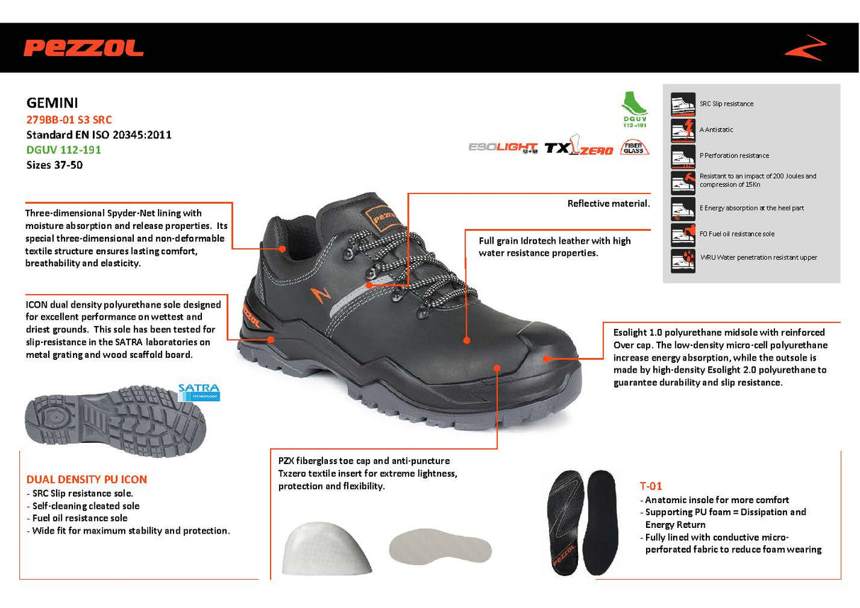 Pezzol Gemini S3 SRC Παπούτσια Ασφαλείας Εργαζομένων Χαμηλά Με ΜΗ Μεταλλική Προστασία Ιταλίας