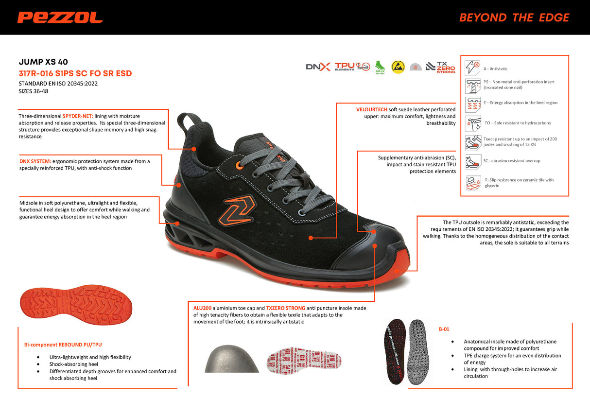 Pezzol Jump XS 40 S1PS SC FO SR ESD Παπούτσια Ασφαλείας Εργαζομένων Χαμηλά Με Προστασία Ιταλίας