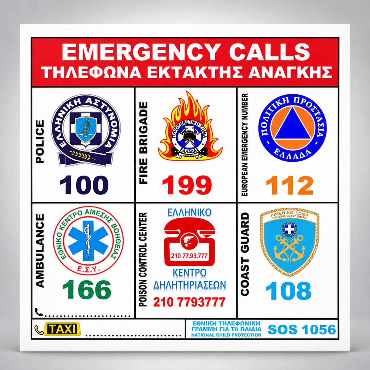 Πινακίδα Σήμανσης “ΚΛΗΣΕΙΣ ΕΚΤΑΚΤΗΣ ΑΝΑΓΚΗΣ” Βινύλιο 200mm x 200mm – Λευκό / Πολύχρωμο