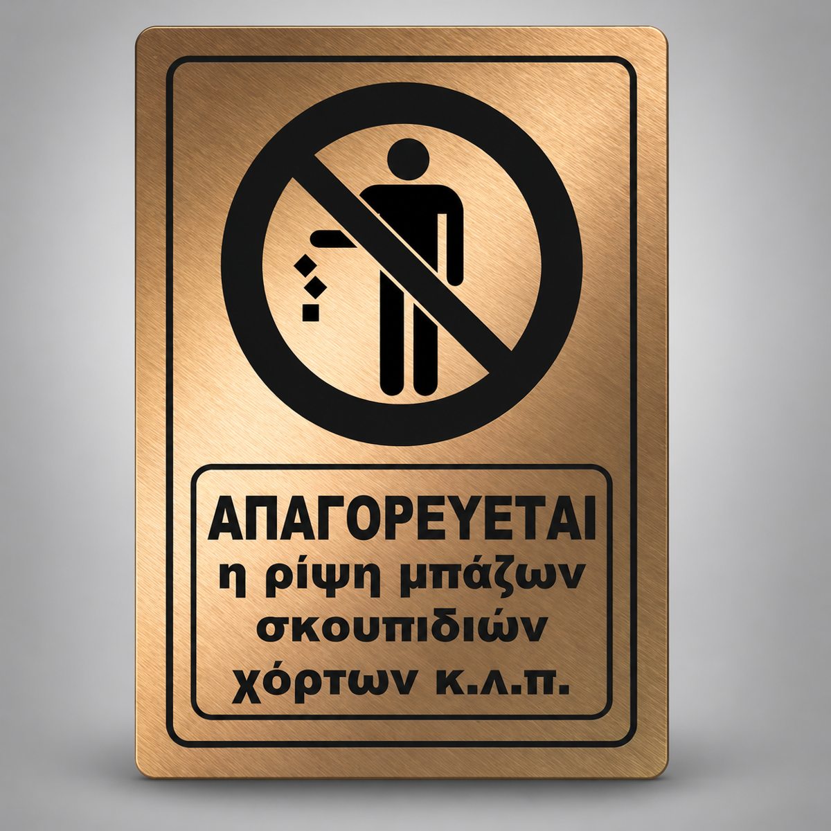 Πινακίδα Σήμανσης “ΑΠΑΓΟΡΕΥΕΤΑΙ Η ΡΙΨΗ ΜΠΑΖΩΝ ΣΚΟΥΠΙΔΙΩΝ ΧΟΡΤΩΝ” Ακρυλικό 200mm x 290mm – Μπρονζέ – Μαύρο