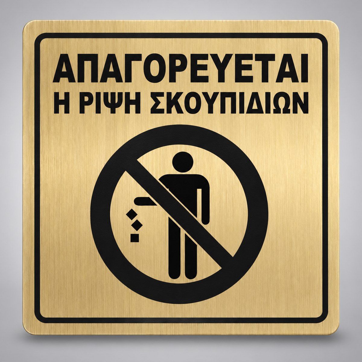 Πινακίδα Σήμανσης “ΑΠΑΓΟΡΕΥΕΤΑΙ Η ΡΙΨΗ ΣΚΟΥΠΙΔΙΩΝ” Ακρυλικό 150mm x 150mm – Χρυσό – Μαύρο