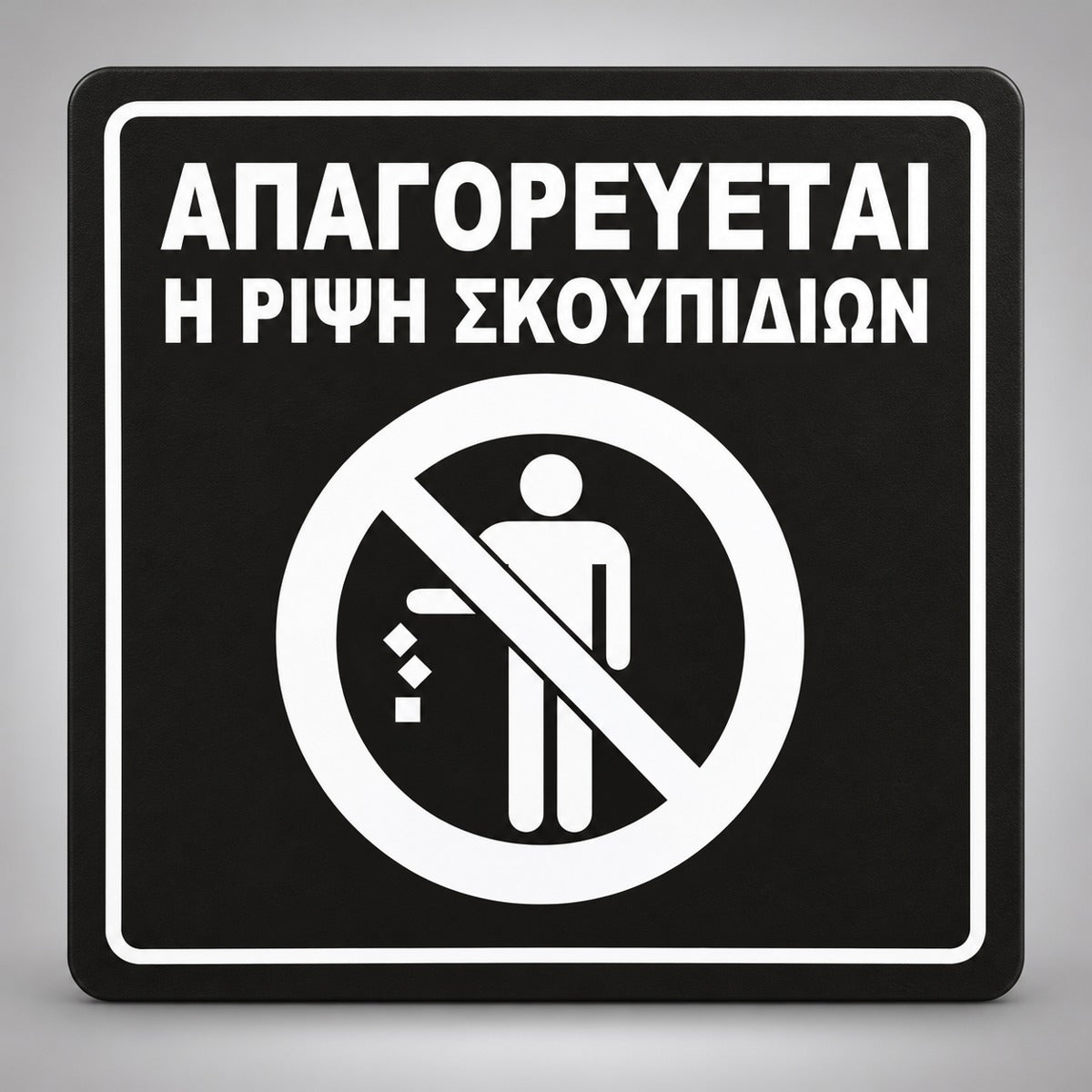 Πινακίδα Σήμανσης “ΑΠΑΓΟΡΕΥΕΤΑΙ Η ΡΙΨΗ ΣΚΟΥΠΙΔΙΩΝ” Ακρυλικό 150mm x 150mm – Μαύρο – Λευκό