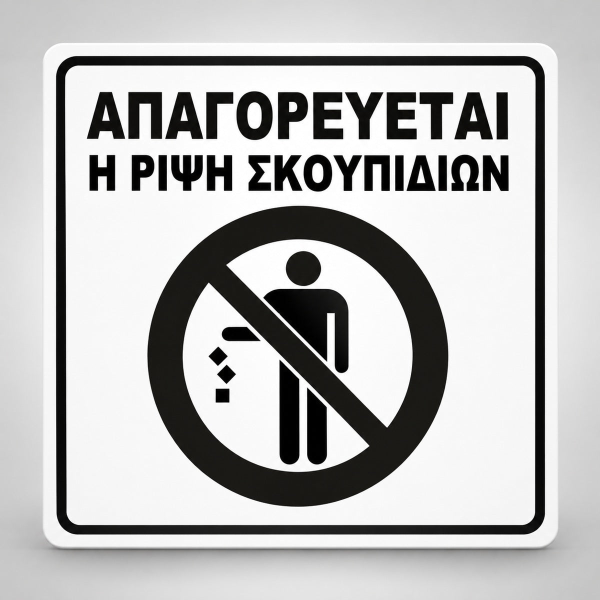 Πινακίδα Σήμανσης “ΑΠΑΓΟΡΕΥΕΤΑΙ Η ΡΙΨΗ ΣΚΟΥΠΙΔΙΩΝ” Ακρυλικό 150mm x 150mm – Λευκό – Μαύρο