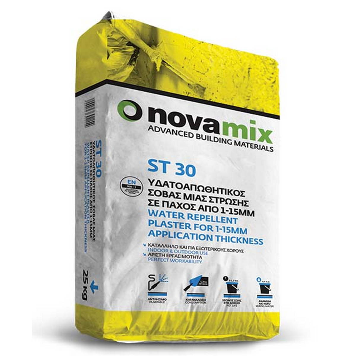 Novamix ST 30 Υπέρλευκος Υδρόφοβος Θιξοτροπικός Ρητινούχος Σοβάς Λευκός 25kgr