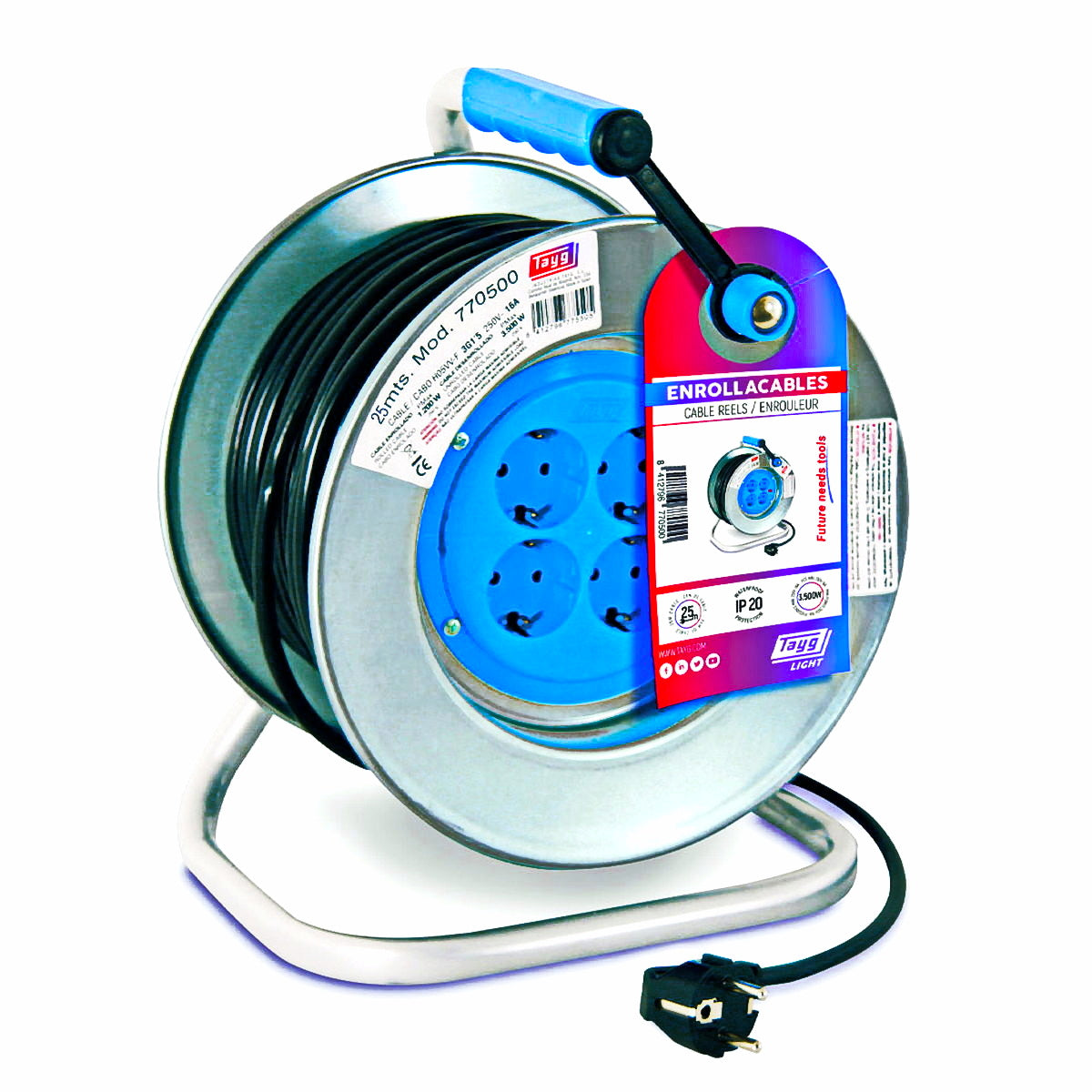 Tayg 770500 IP20 Μπαλαντέζα Ρεύματος Σε Μεταλλικό Καρούλι Με Καλώδιο HO5VV-F 3x2,5 x 25mtr