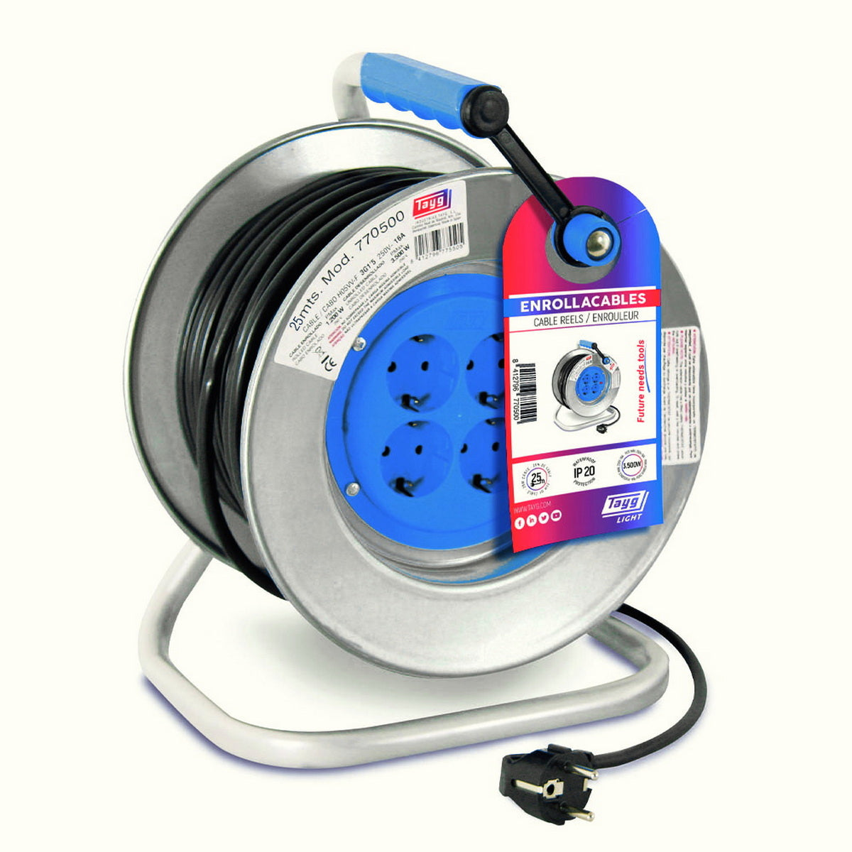 Tayg 775505 IP20 Μπαλαντέζα Ρεύματος Σε Μεταλλικό Καρούλι Με Καλώδιο HO5VV-F 3x2,5 x 50mtr