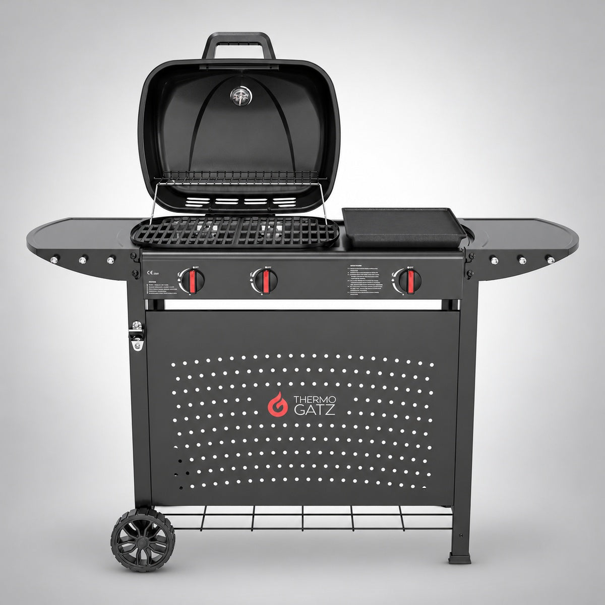 Thermogatz GS GRILL 2 PLANCHA — BBQ ΥΓΡΑΕΡΙΟΥ GS GRILL 2 + PLANCHA 8kW, σε γκρι φόντο με φυσική σκιά