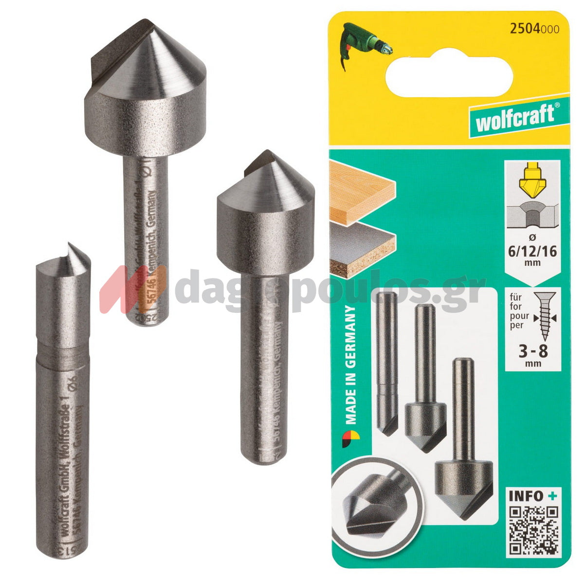 Wolfcraft 2504000 Συλλογή Φρέζες Για Ξύλο, Πλαστικό, Μη Σιδηρούχα Μέταλλα Σετ 3 Τεμ