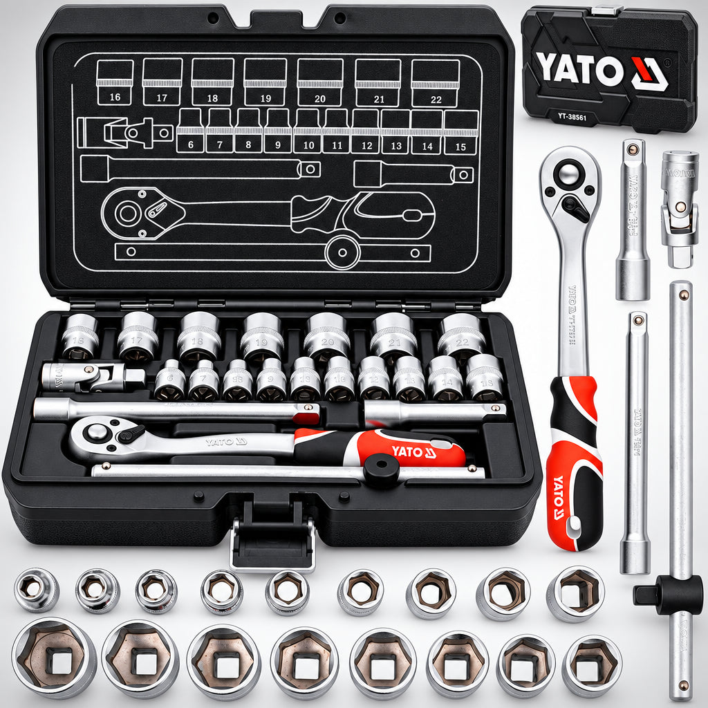 Yato YT-38561 Συλλογή Καρυδάκια & Εξαρτήματα Μανέλα Καστάνιας 3/8" Σετ 22 Τεμ Σε Κασετίνα