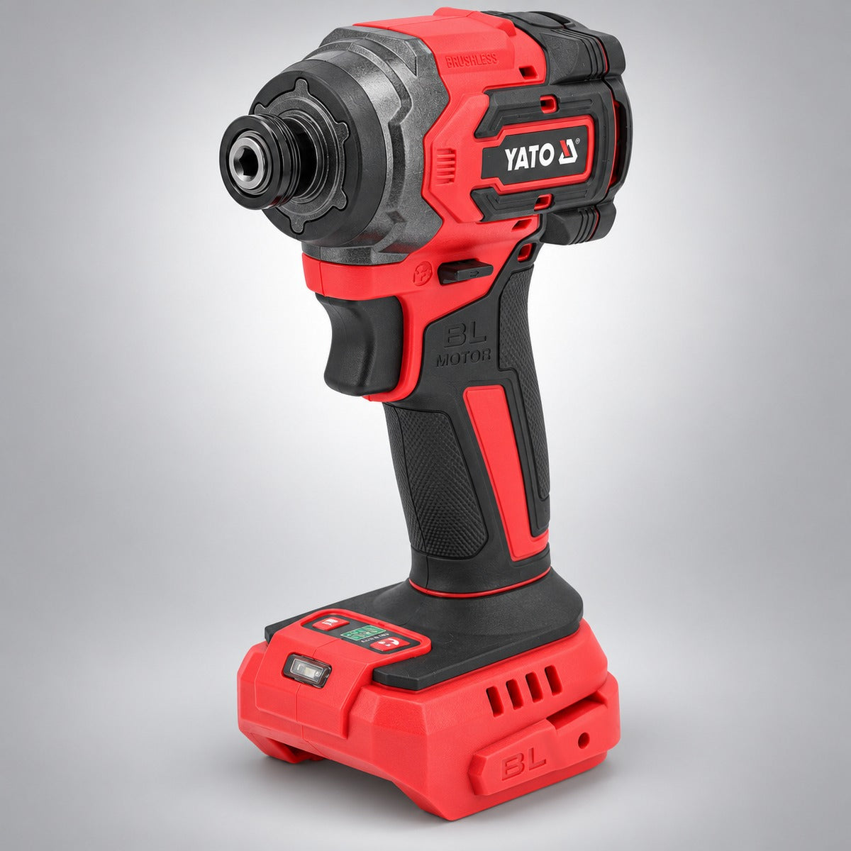 Yato YT-82799 brushless παλμικό εργαλείο μπαταρίας 18V SOLO, εμπρός λοξή όψη σε γκρι φόντο