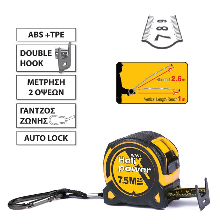 Helix Wave Επαγγελματική Μετροταινία Ρολό 25mm x 7.5mtr