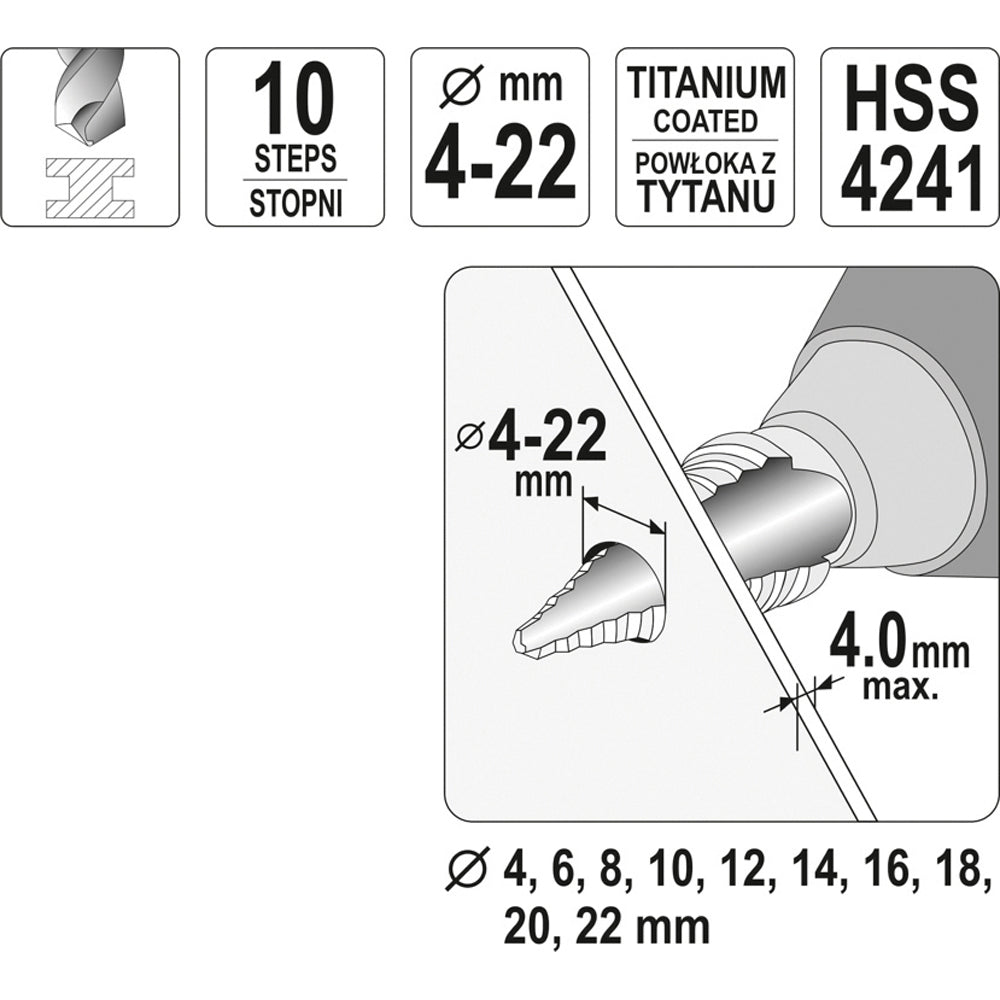 Yato YT-44741 Τρυπάνι Κωνικό (Φρέζα) Με Διαβάθμιση 4.0mm-22.0mm