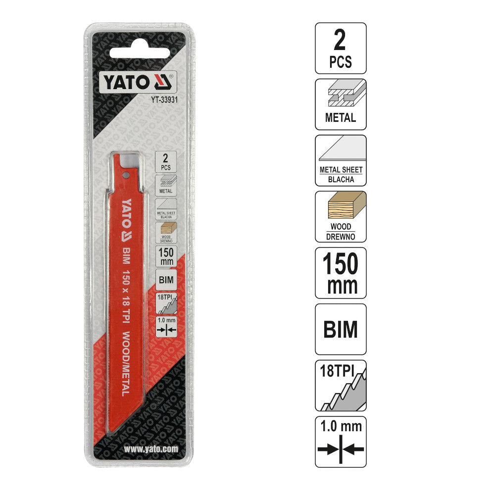 Yato YT-33931 Λάμες Σπαθοσέγας (Σεγάτσας) Bi-Metal Για Ξύλο Μέταλλο 18TPI 150mm Σετ 2 Τεμ