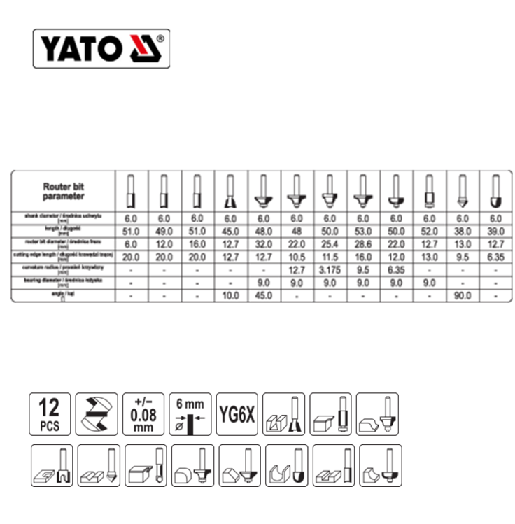 Yato YT-68006 Κοπτικά Ρούτερ 6mm Σετ 12Τμχ.