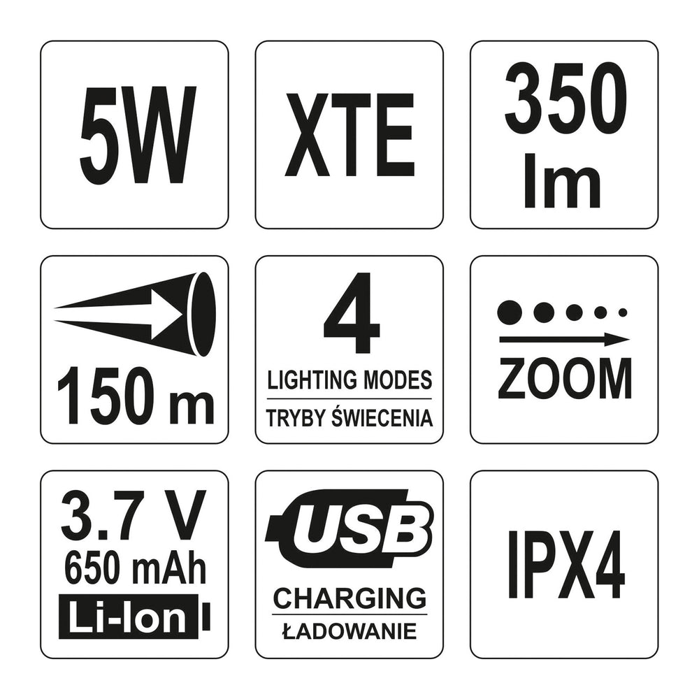 Yato YT-08569 Φακός Χειρός XT-E CREE LED Επαναφορτιζόμενος USB 5W 350 Lumens