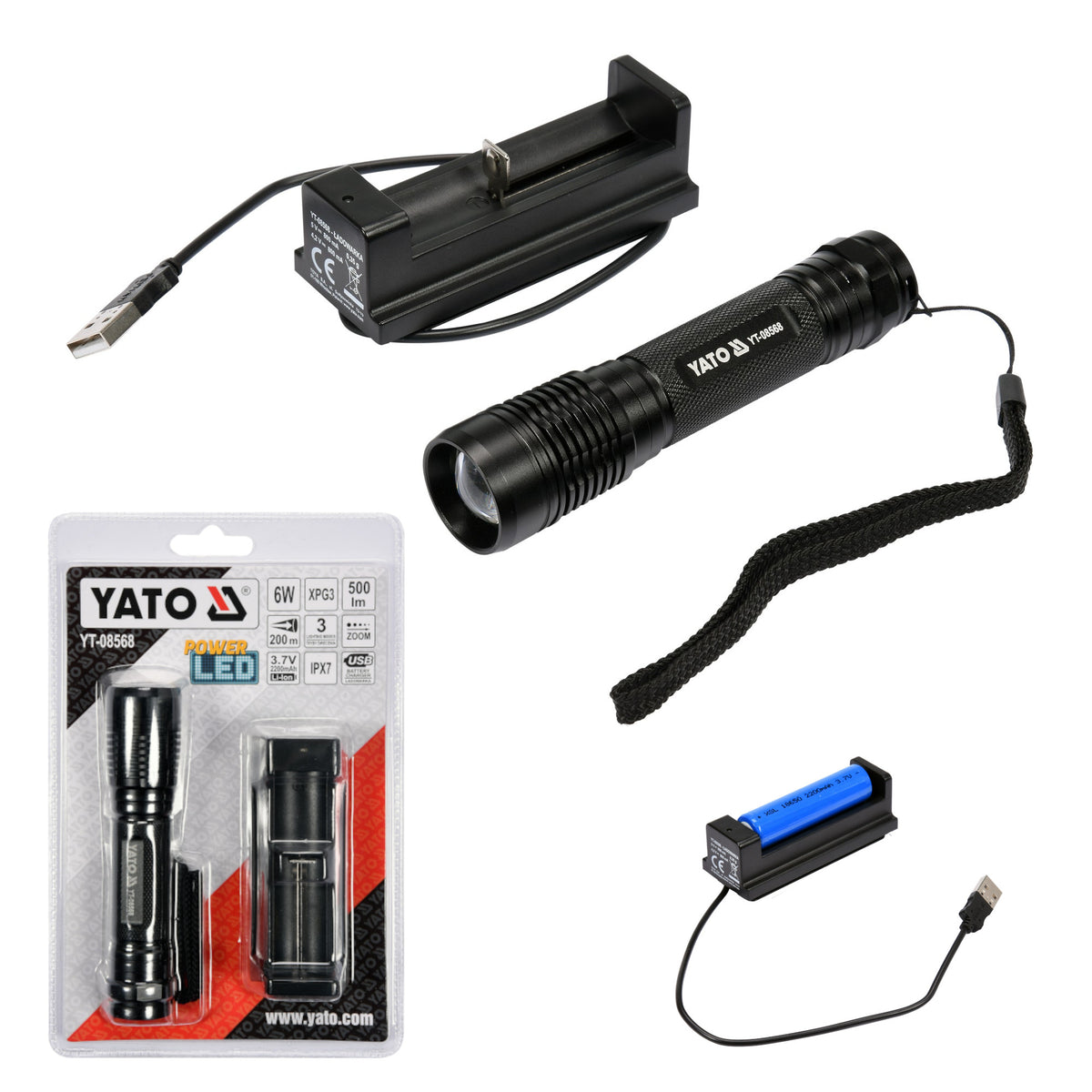 Yato YT-08568 Φακός Χειρός XP-G3 CREE LED Επαναφορτιζόμενος USB 6W 500 Lumens